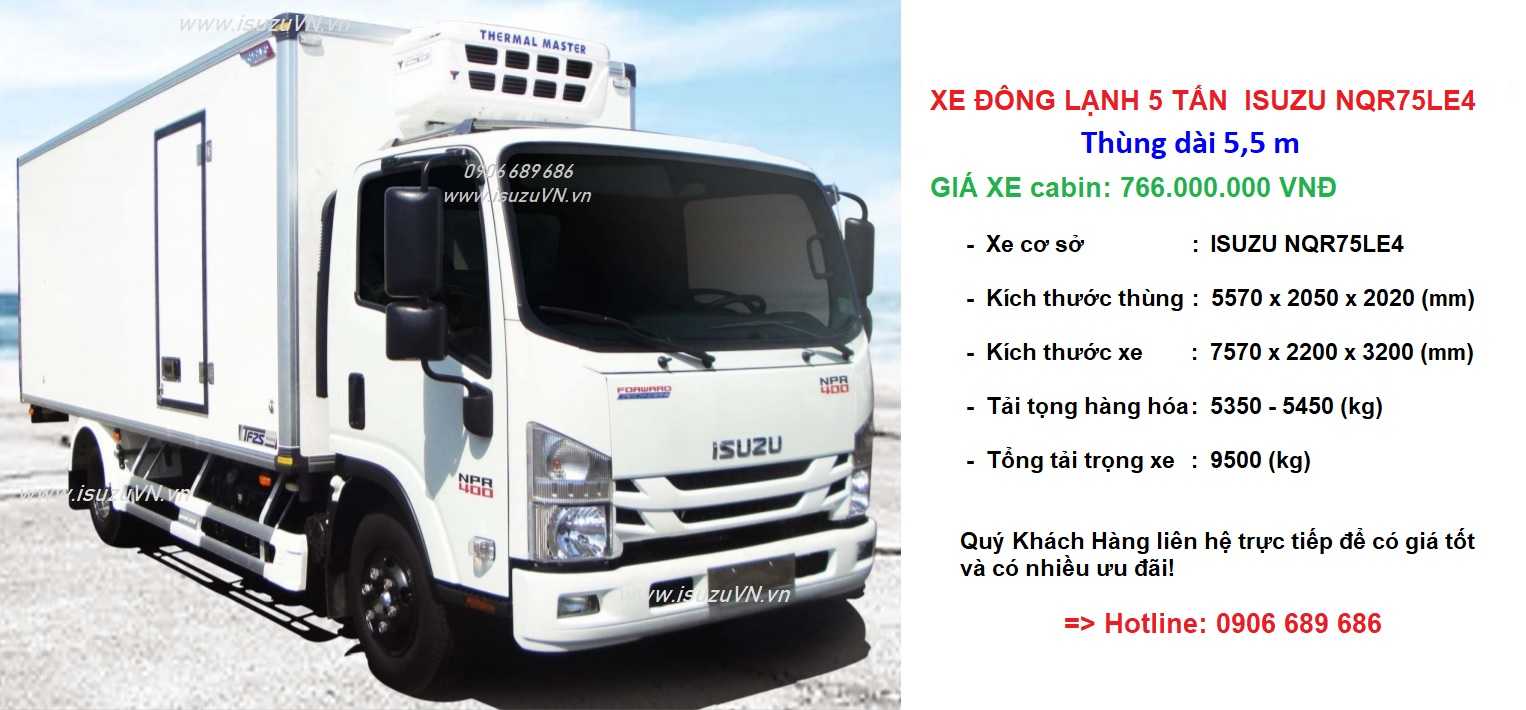 Xe đông lạnh 5 tấn thùng dài 5,5 m Isuzu NQR75LE4