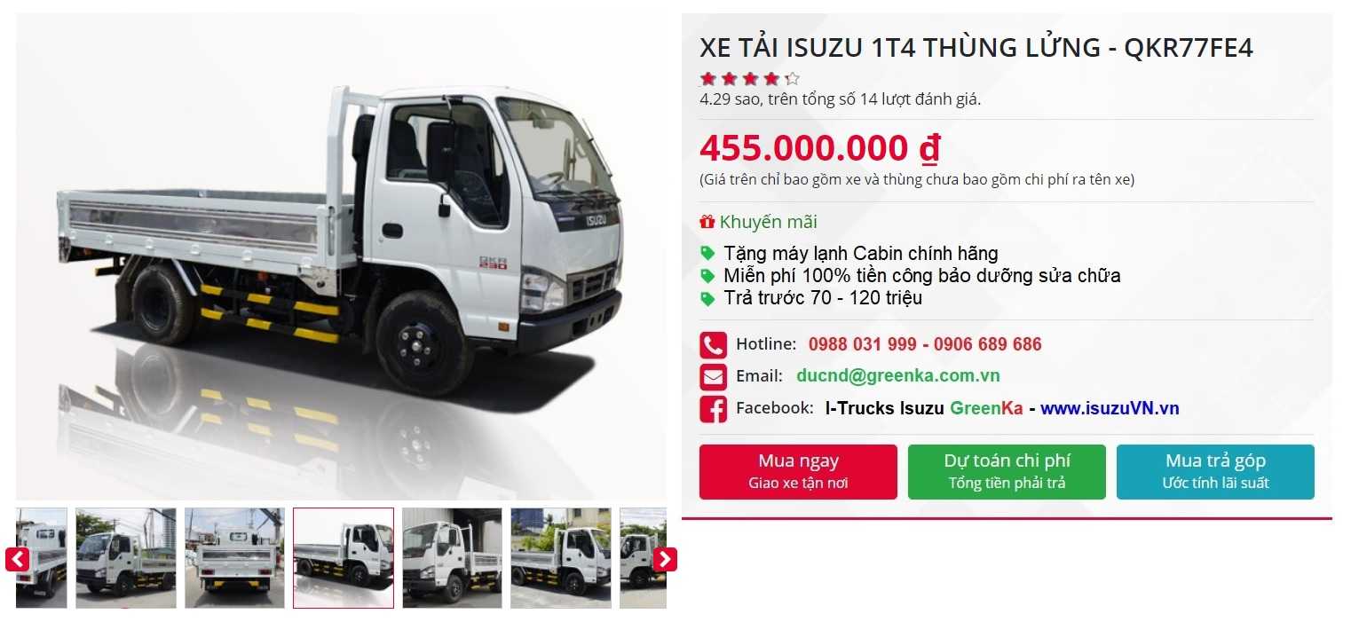 XE TẢI ISUZU 1T4 THÙNG LỬNG – QKR77FE4